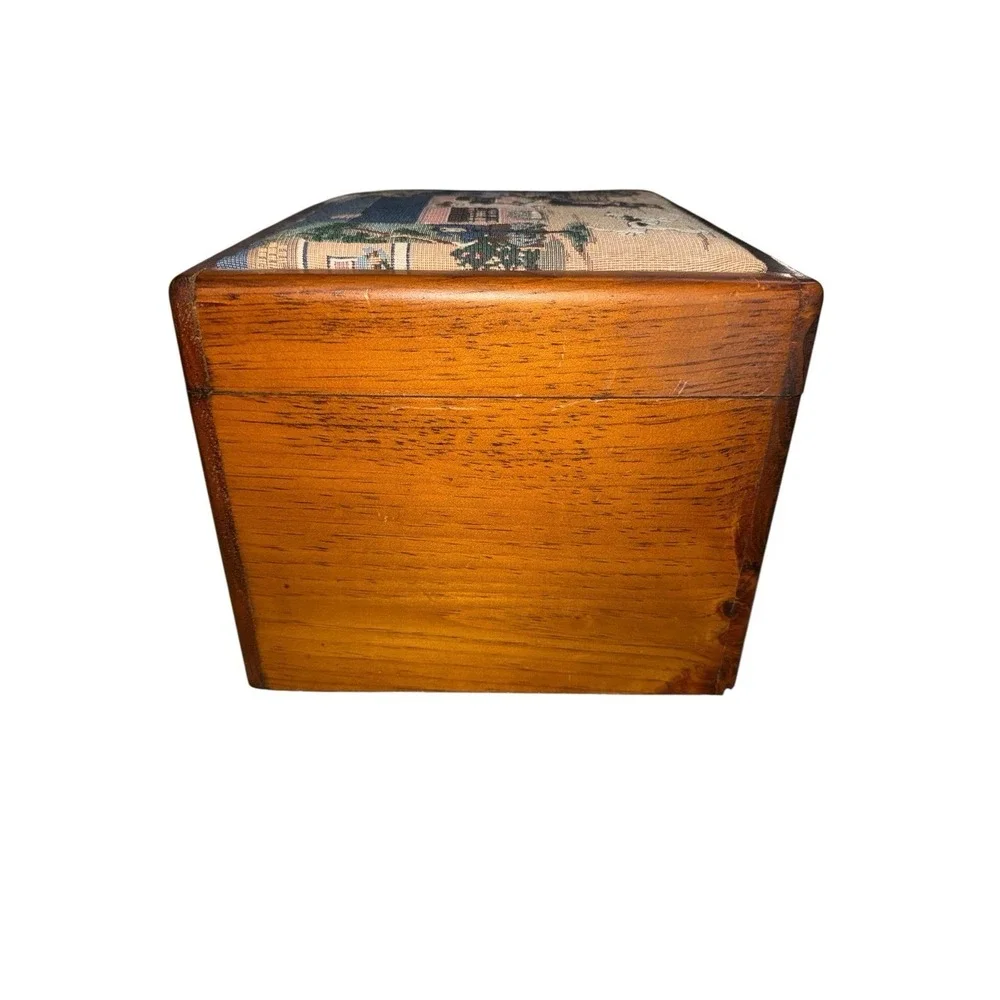 Wooden Vintage Box Hinged Lid Tapestry Man Dog Pictorial Fabric‎ Top Recipe